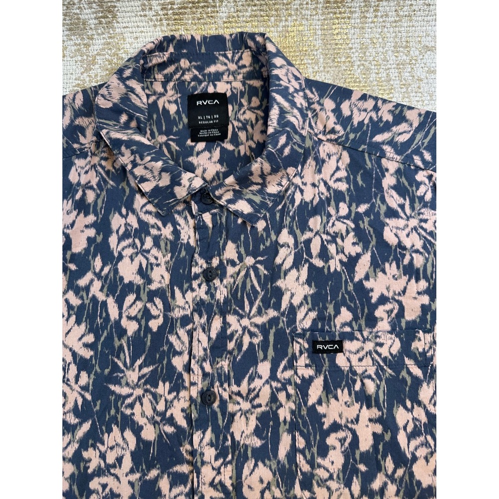 RVCA Men's Navy Light Pink Green Lightweight Button-Front Short Sleeve Shirt XL